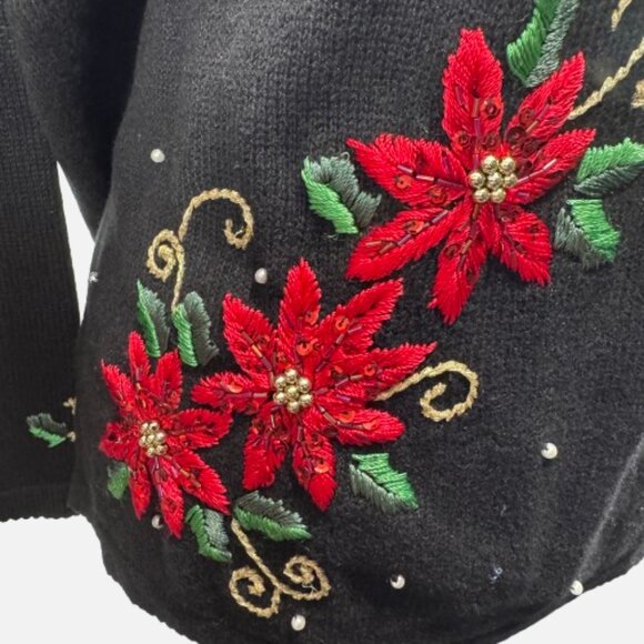 Victoria Jones Black Christmas Sweater Poinsettia Beaded Embroidery (Size 1XL) - Picture 2 of 11